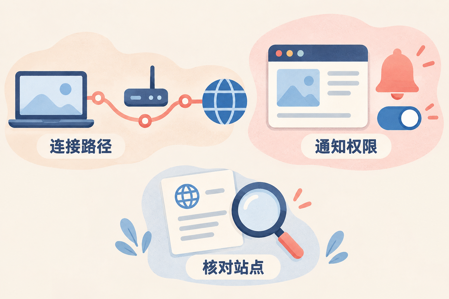 浏览器网站通知规则与网络连接路径分别核对的示意
