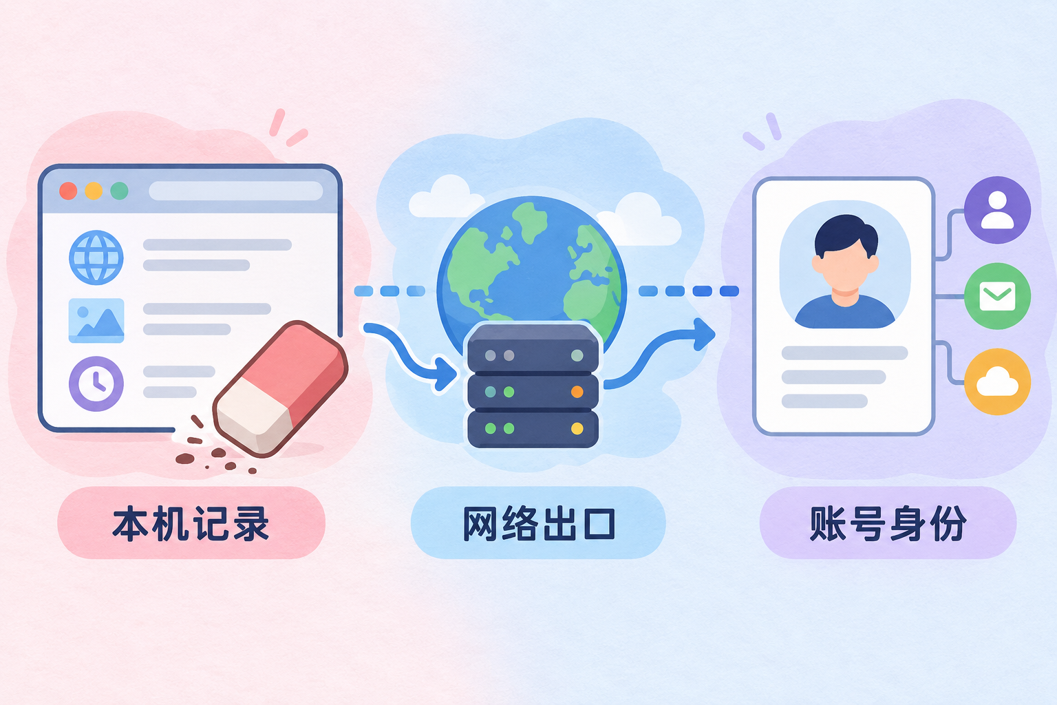 私密浏览的本机记录、网络出口和账号身份三个层次